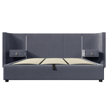 KOMHTOM Polsterbett 180x200cm, Samt mit, LED-Leiste, hydraulischem Stauraum, 2 Schubladen und USB+TYPE-C Anschluss