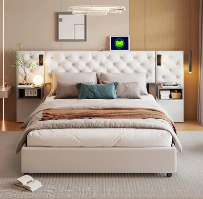 Rosahqnda Polsterbett, Doppelbett, 140/160 x 200 cm, mit 2 Nachttischen, mit LED und USB, hydraulisches Stauraumbett, Samtbeige