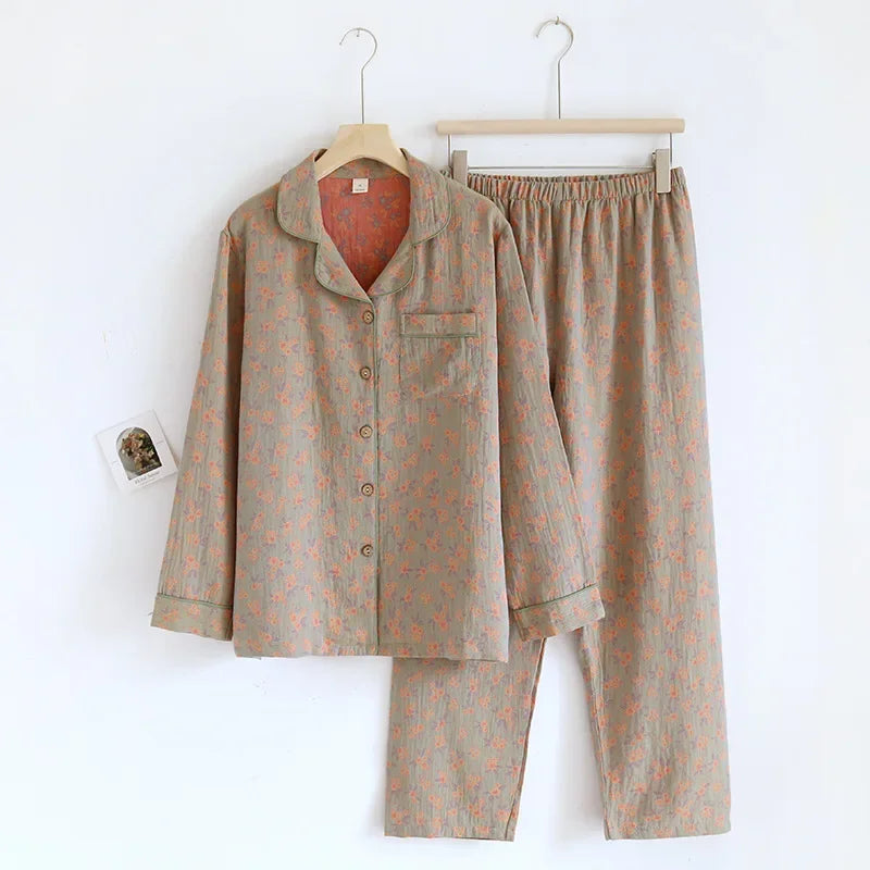100% Cotton Crepe Homeclothes 2023 Autumn/Winter Women's Pajamas Suit Long-Sleeved Trousers 2-piece Yarn-Dyed Jacquard Pajamas.