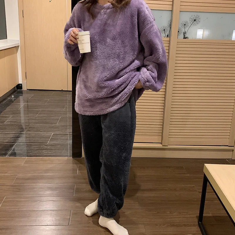 Winter Fleece Women Pajamas Set  Sleepwear Solid Velvet 2 Piece Pant Home Suit Fluffy Casual Warm Flannel Night Wear
