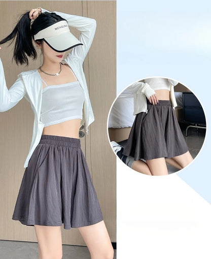 Women Quick Dry Sporty Short Pants Summer Thin Pleated Shorts Skirts High Waist A- Line Five Quarter Pants Cool Wide Leg Pants.