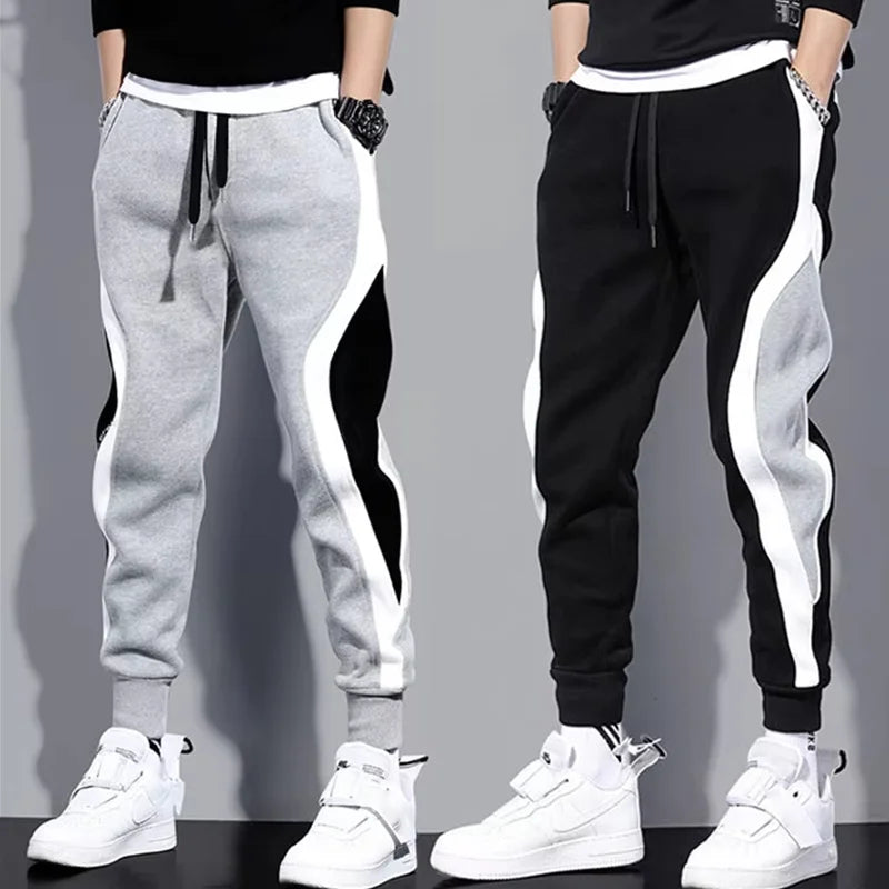 Autumn Men's Wide Loose Casual Pants Mens Patchwork Nine-point Sports  Elastic Rope Breathable Tie-foot Trousers.