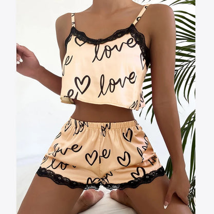 2 teile/satz Pyjama Anzug für Frauen Sexy Nette V-ausschnitt Spitze Liebe Herz Gedruckt Hosenträger Tops Shorts Nighty Nachtwäsche Homewear set.