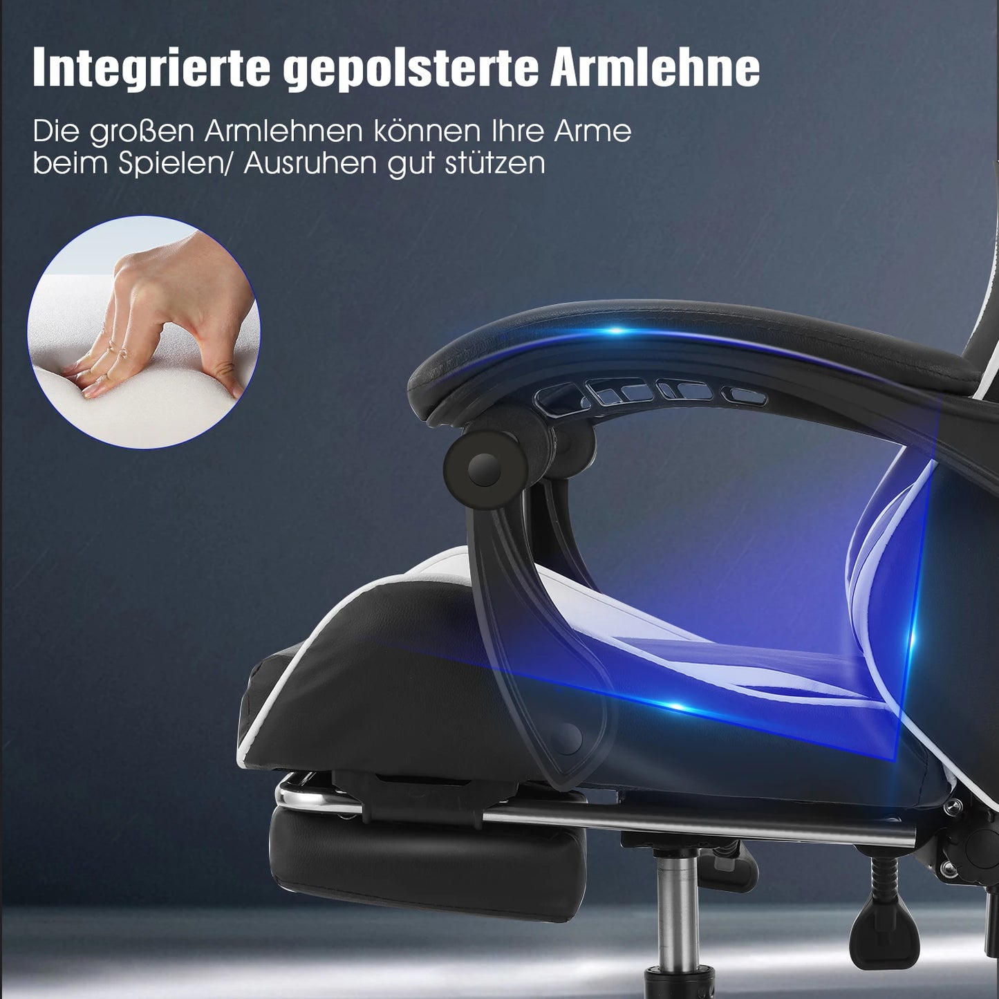Bürostuhl Gaming Stuhl Massage Gaming Sessel Ergonomischer Gamer Stuhl mit Fußstütze, Kopfstütze Massage-Lendenkissen, Gepolstert Gaming Chair, Drehsessel Weiß
