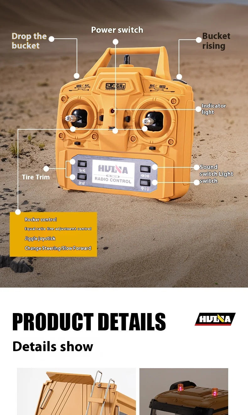 Huina Large 50Cm Rc Dump Truck 1536 12Ch 1/14 Alloy Remote Control Engineering 8Wheel Heavy-Duty Dump Truck Cargo Model Boy Gift.