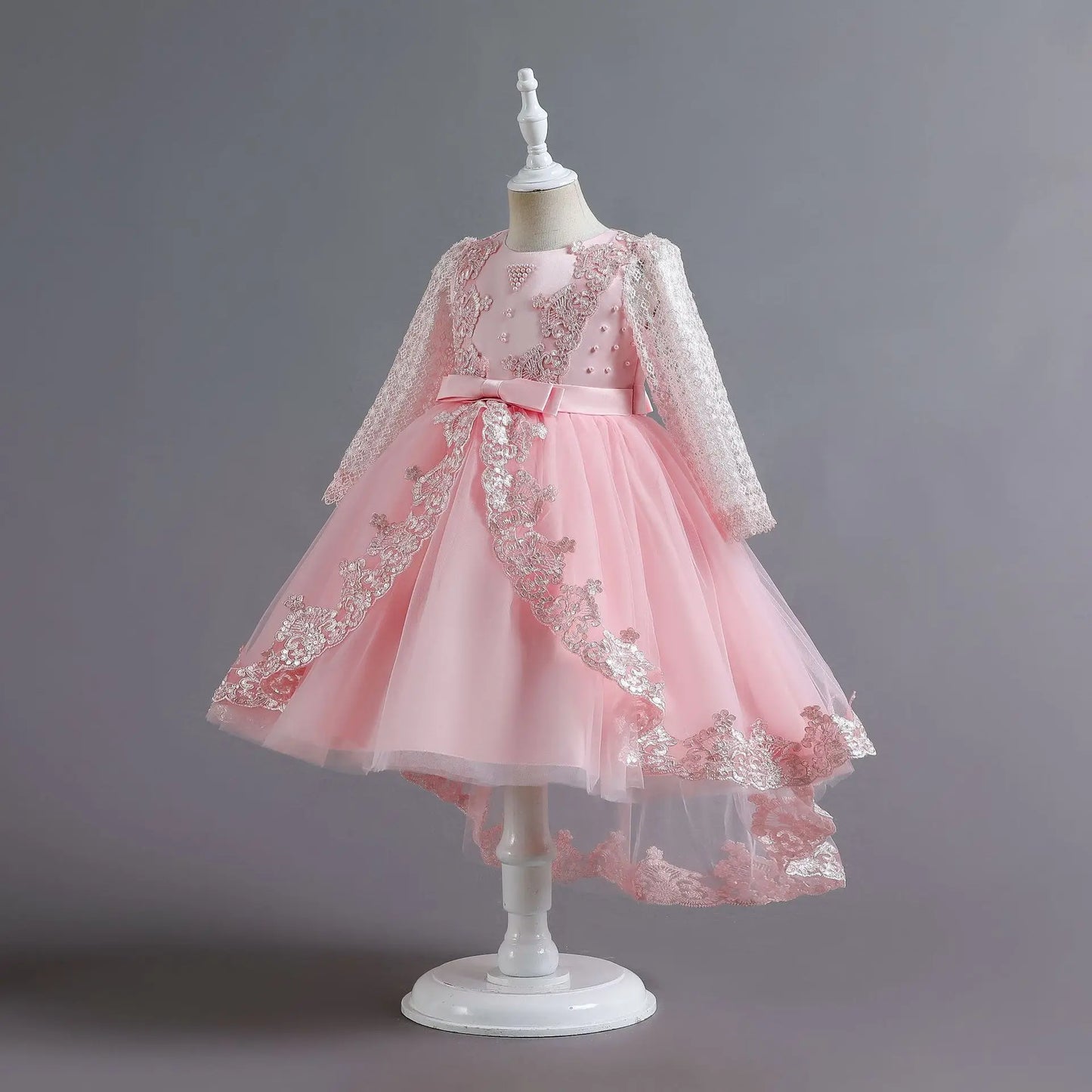 Party-Tüll-Kleider für Mädchen, langärmelig, Spitze, Perlen, nachgestelltes Prinzessinnenkleid für Kinder, Hochzeit, Geburtstag, Performance, Abendkleid