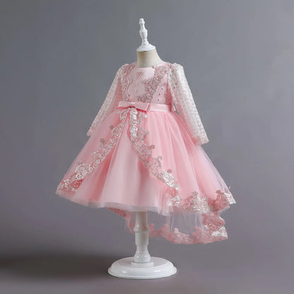 Party-Tüll-Kleider für Mädchen, langärmelig, Spitze, Perlen, nachgestelltes Prinzessinnenkleid für Kinder, Hochzeit, Geburtstag, Performance, Abendkleid