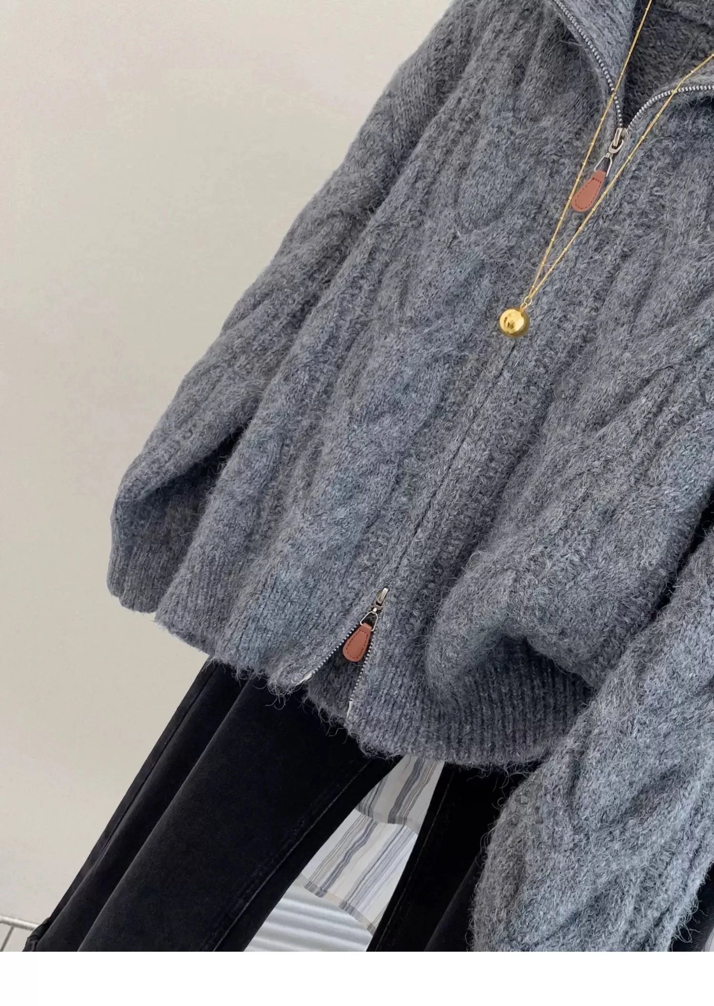 Women Autumn Winter New Lazy Style Loose Knitted Cardigan Retro Solid Color Double Zipper Turn-down Collar Sweater New Women Top