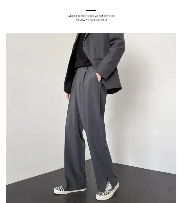 Men's Straight Baggy Casual Pants Korean Slit Personality Suit Trousers Fashion Formal Business Male Streetwear Gray Khaki Black.