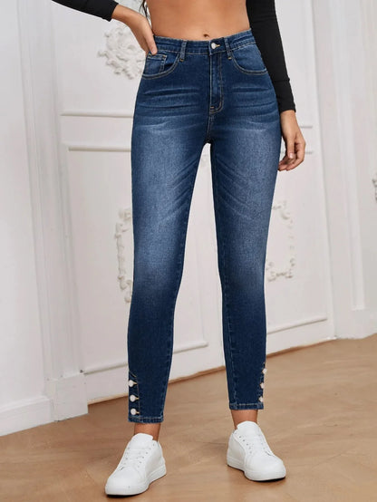 New 2025 Women's Slim Fit Elastic Jeans Nine-Piece Buttoned Bootcut Denim Pants Mid Waist Small Foot/Pencil Jeans.