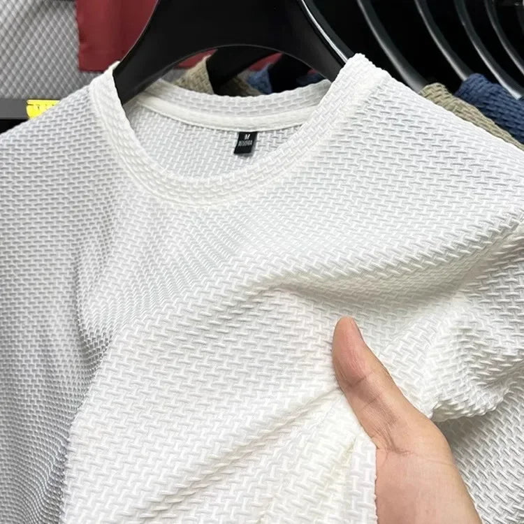 Men's Short Sleeve Mesh Bamboo Ice Silk T-shirt Casual Versatile Summer Elastic Slimming Top for Men.