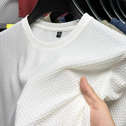 Men's Short Sleeve Mesh Bamboo Ice Silk T-shirt Casual Versatile Summer Elastic Slimming Top for Men.