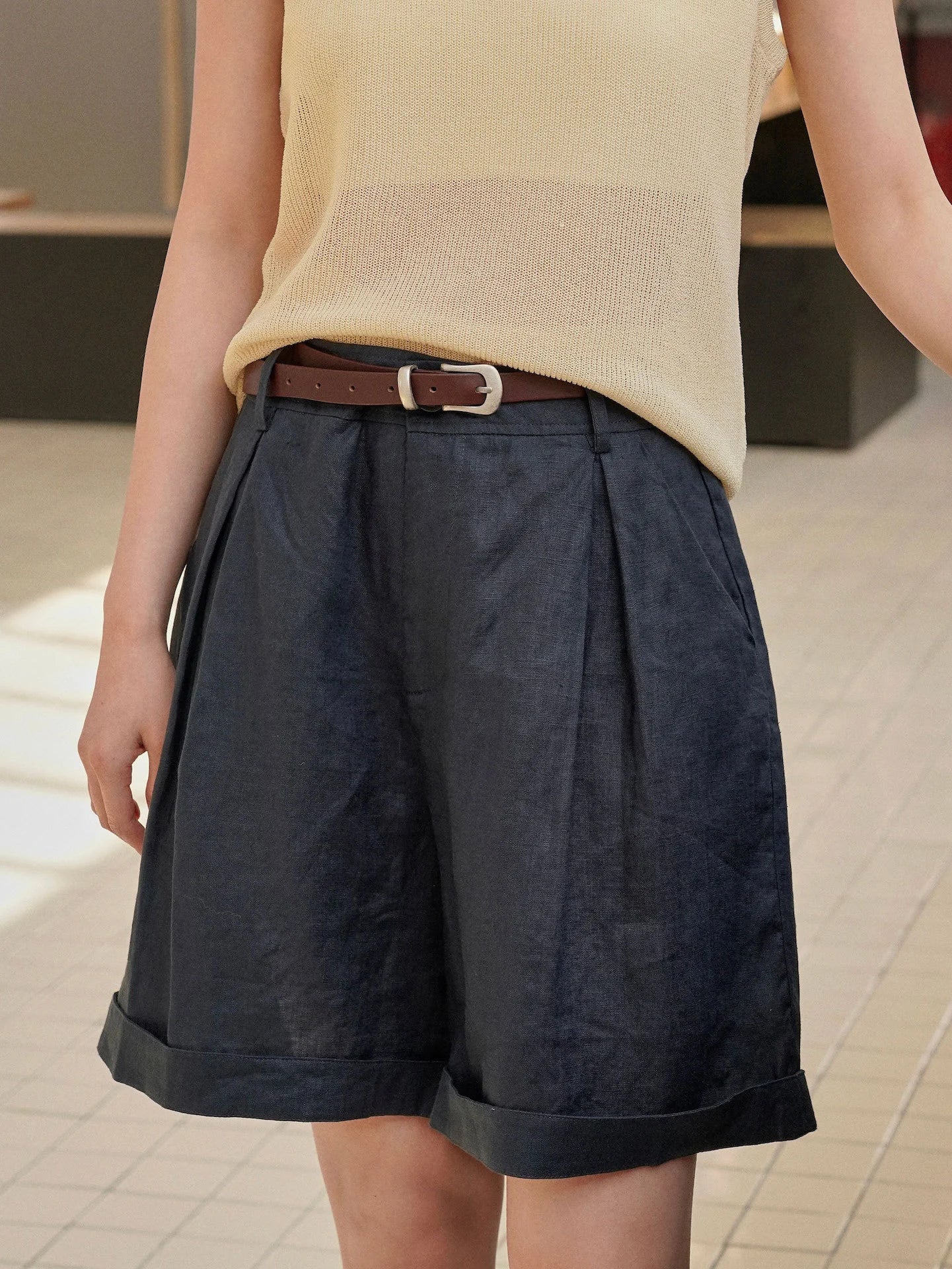 Summer Korea Style Lazy Linen Curled Bermuda Shorts Wide Leg Loose Slim Casual Hot Pants For Women