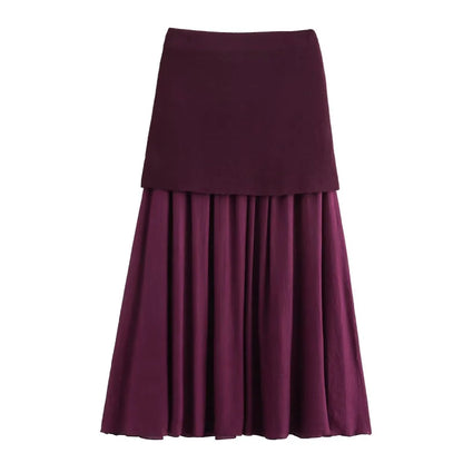 ETJ 2025 spring new  women's elegant fashion same color splicing small pleated hem high waist knit skirt