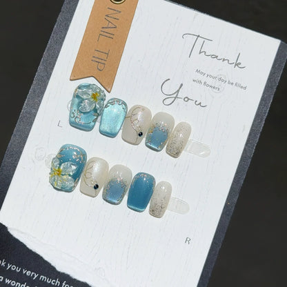 10Pcs French Handmade Press on Nails White Flower Fake Nails Wearable Stick-on Nails Full Cover False Nail Накладные Ногти 네일팁.