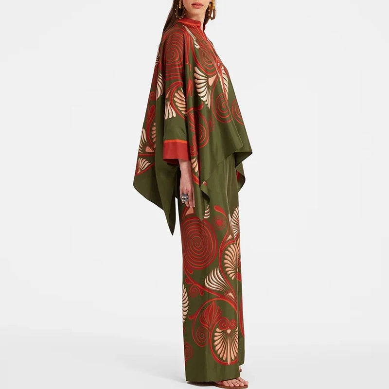 Retro Printed Loose Indie Folk Outfit Women Spring Stand Collar Button Irregular Top+Pant Set Fall Batwing Long Sleeve 2pcs Suit.
