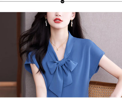 Bow Tie Blouse Shirt for Women OL Elegant Blouses Satin Womens Tops Silk Female Clothing 2023 Korean Fashion Short Sleeve Blouse.