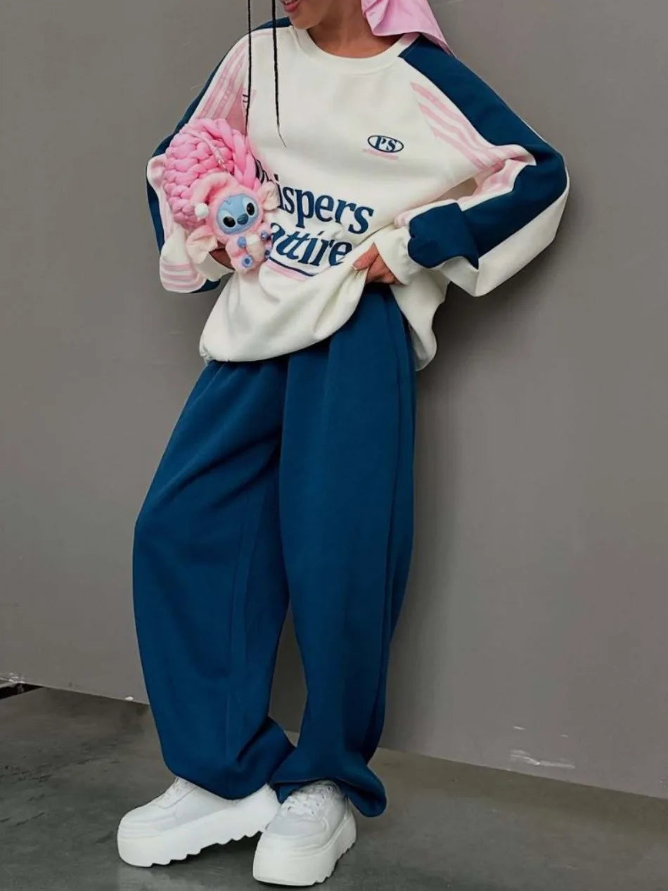 European American 2025, Neuankömmling Damen-Anzug-Set, hochwertiger Herbst- und Winter-Hoodie mit Farbblock-Hose, zweiteiliges Outfit