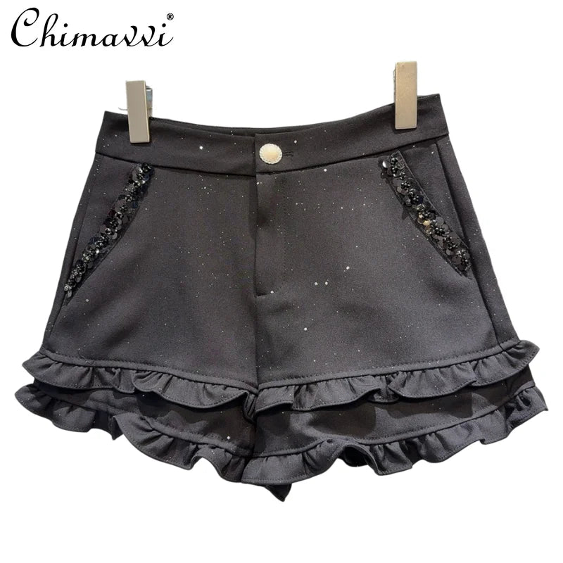 2025 Summer Clothes New Fashion Sequined Beaded Fungus Edge Pants Three-point Shorts Sweet Girls Temperament Short Pants Women.