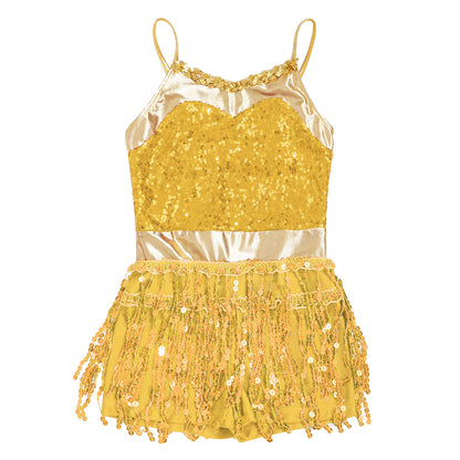 Kinder Mädchen Latin Tanz Kostüm Jazz Samba Cha-Cha Eiskunstlauf Trikot Kleid glänzende Pailletten Quaste Bodysuit für Bühnen performance