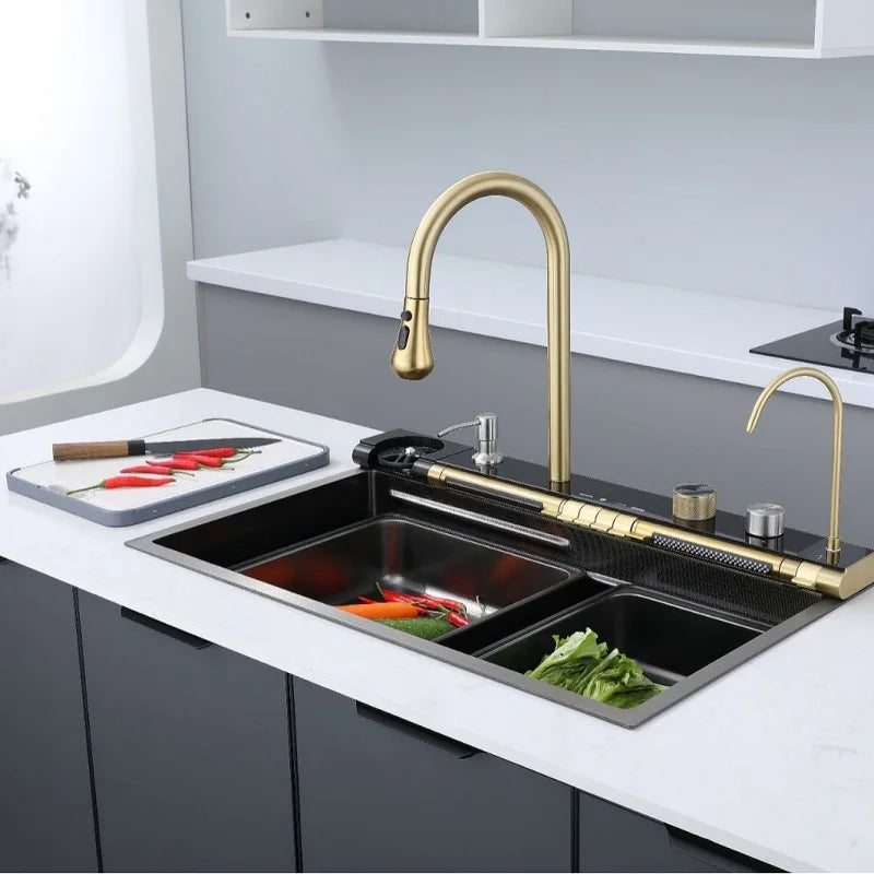 Golden Household Stainless Steel Waterfall Kitchen Sink MultiFunction Wash Vegetable and Dish Countertop Basin Large Single Slot