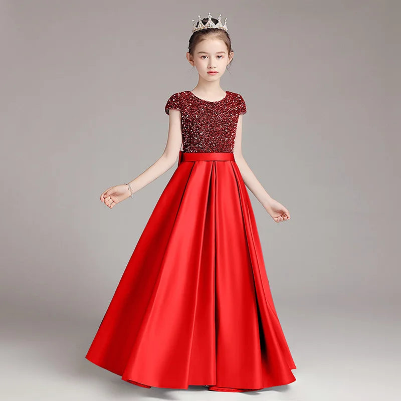 Mädchen-Klavierkleid, graues Pailletten-langes Performance-Kleid, Prinzessinnenkleid, Kinder-Host-Show-Performance-Kleid, Sommer