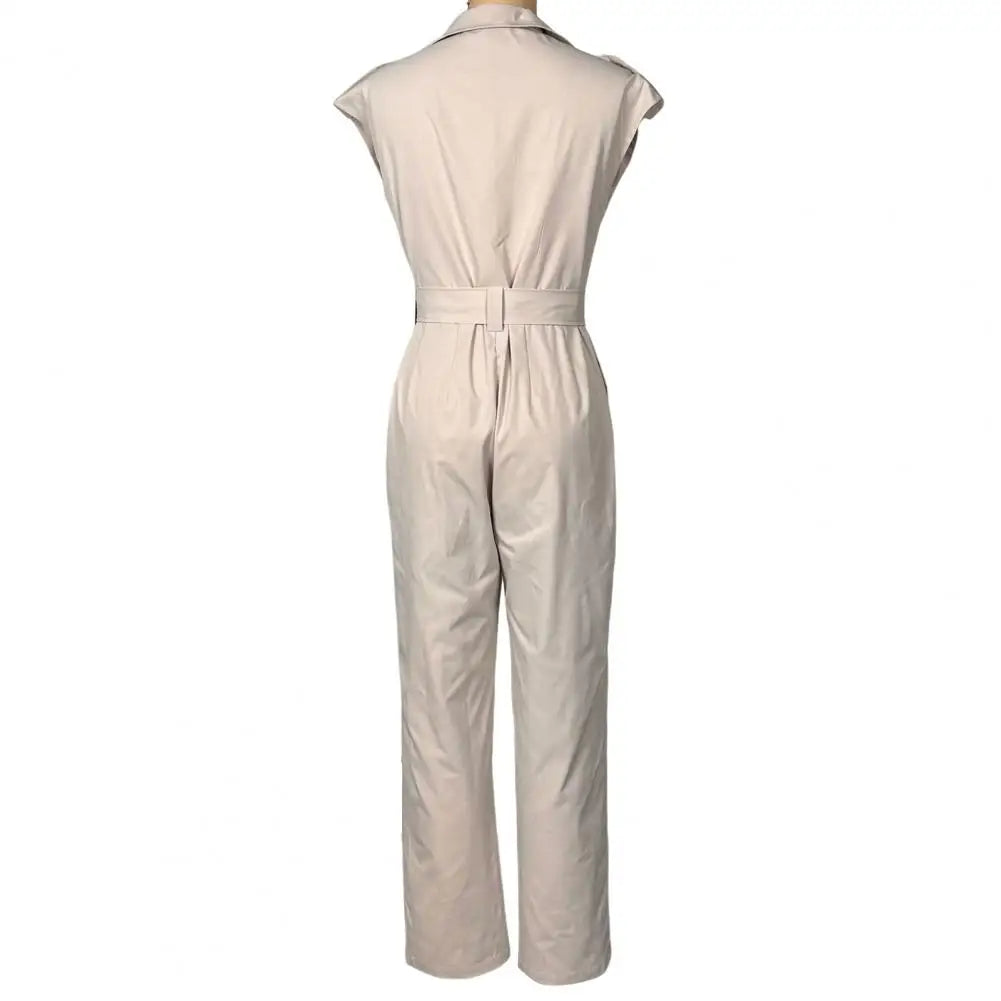 Elegant Women Jumpsuit Lapel Sleeveless Belt Design Romper with Pockets Solid Color Wide Leg Pants Versatile Jumpsuit.
