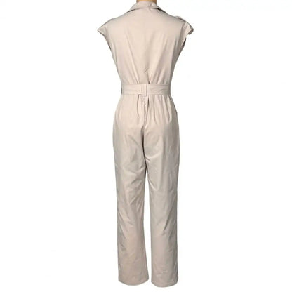 Elegant Women Jumpsuit Lapel Sleeveless Belt Design Romper with Pockets Solid Color Wide Leg Pants Versatile Jumpsuit.