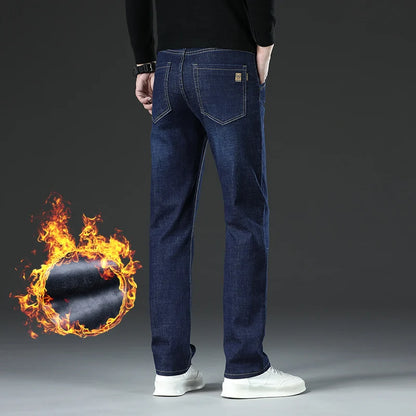 28-40 Large Size Winter Men Plush Thick Fleece Trouser Lambswool Thermal Jeans Casual Pants Windproof Warm Cotton Denim Pants.