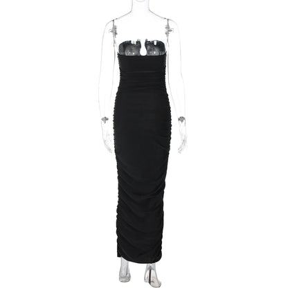 Dulzura ärmelloses, trägerloses, plissiertes Maxikleid mit Knopf, sexy, elegantes langes Kleid für Damen, Party, Club, Büro, Frühling und Sommer.