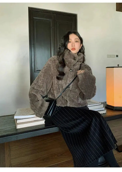 2025 Winter Fashion Stand Collar Warm Plush Short Jacket Women Autumn Retro Street Thickened Loose Harajuku Casual Short Jacket