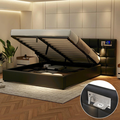 Polsterbett 180 x 200 cm, hydraulisches Bett, mit USB-Anschluss, kabelloses Laden und beleuchteter Lampe, mit Stauraum