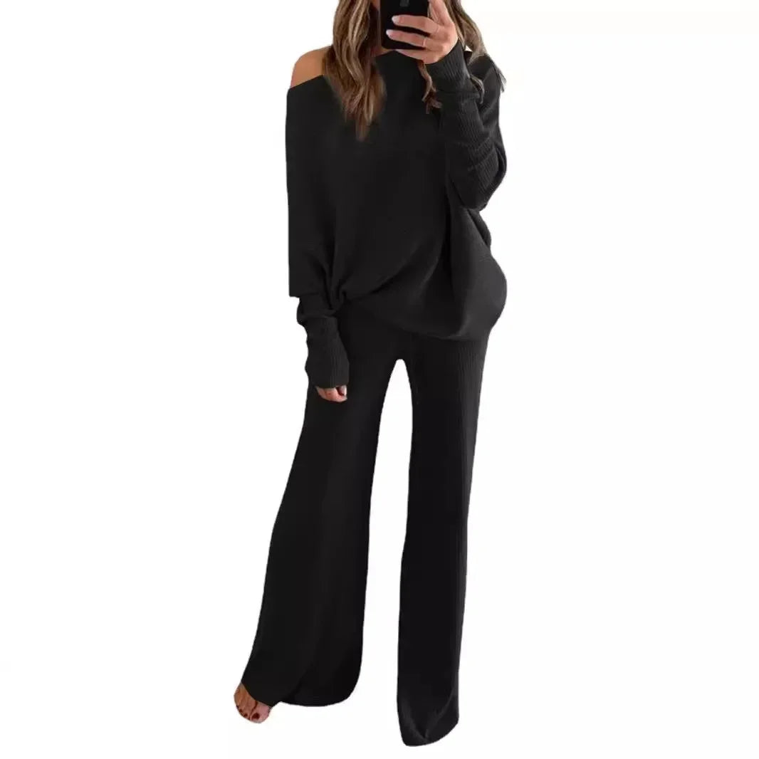 New Women's 2pcs Clothes Set Solid Color Round Neck Long Sleeve Casual Top & Loose Wide Leg Pants Home Wear.