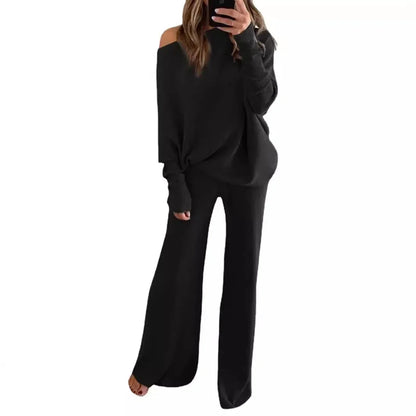 New Women's 2pcs Clothes Set Solid Color Round Neck Long Sleeve Casual Top & Loose Wide Leg Pants Home Wear.