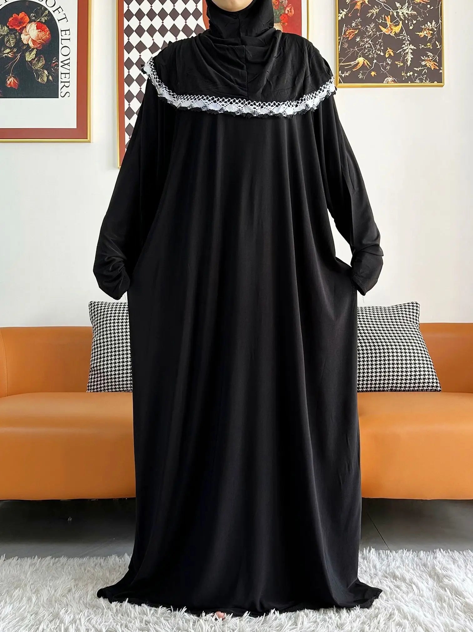 2023 Muslim Solid Cotton Abaya For Women Ramadan Prayer Garment Joint Hat Dubai Turkey Middle East Femme Robe Floral Loose Dress.