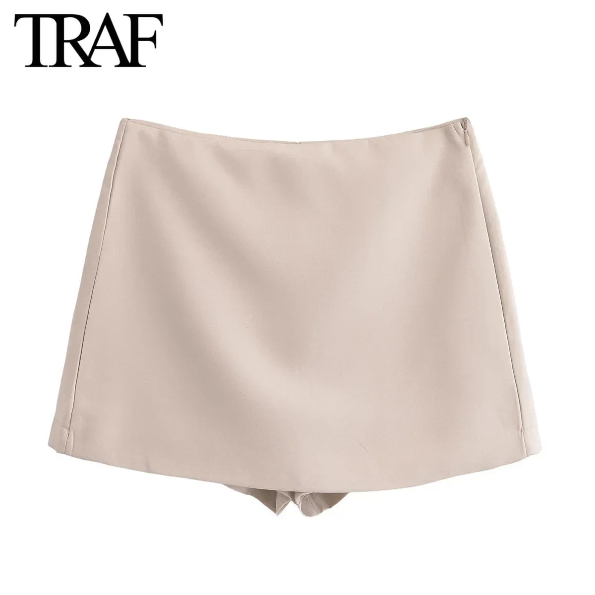 TRAF Shorts for Women Fashion Autumn Winter New Comfortable Casual Solid Color Side Zip Middle-waisted A-line Culotte Skirt Pant.