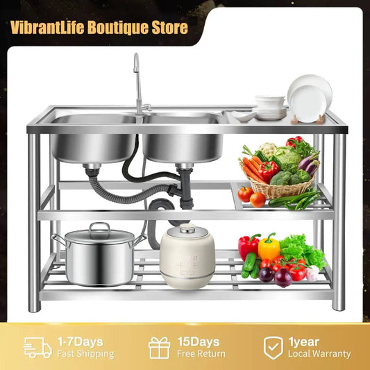 Robustes 201SS-Edelstahlspülbecken mit 3 Etagen, korrosionsbeständiges Abflusssystem, 220 Pfund Belastung, einfache Installation, geruchsabweisendes Komplettset