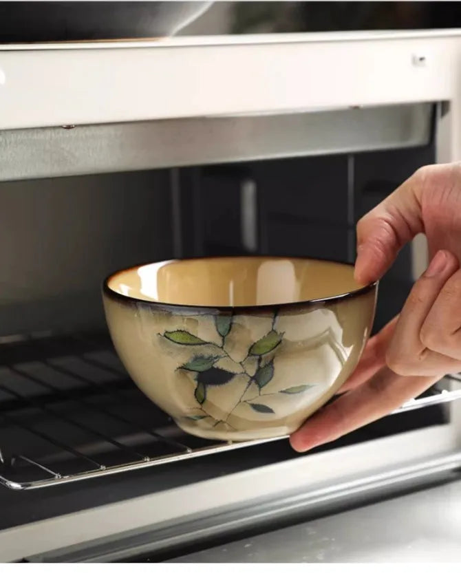 1Pc Vintage Bamboo Leaf Ceramic Bowl Salad Plate Exquisite Ceramic Cutlery Household Noodle Bowl Western Steak Cake Sushi Plate.