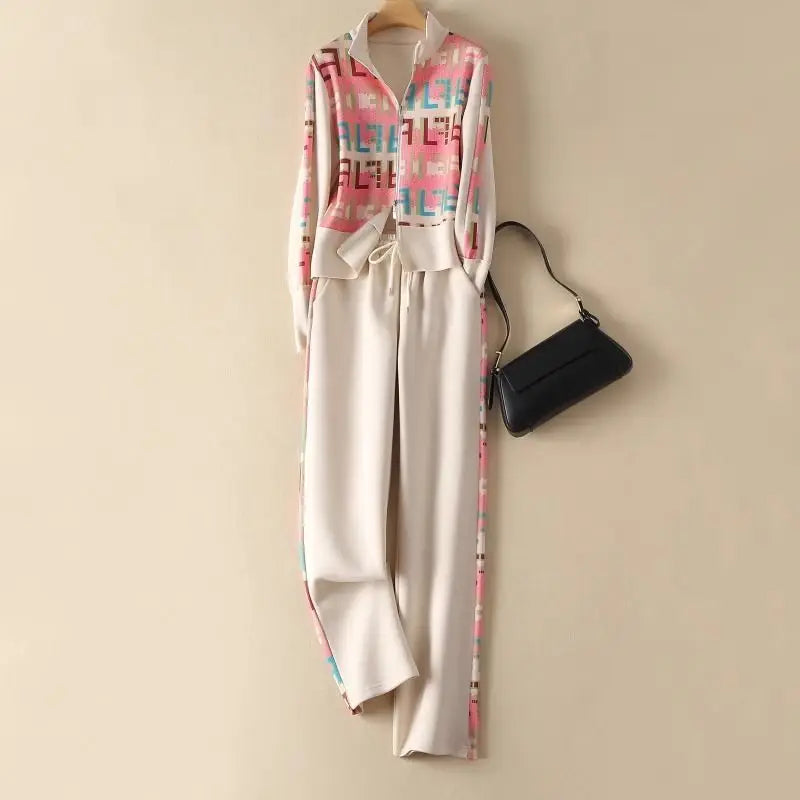 Frühling Herbst frauen Kleidung Set Gedruckt Doppel-Reißverschluss Jacke + hohe Taille Elastische Kordelzug Breite Bein Hosen Sport zwei-Stück Set