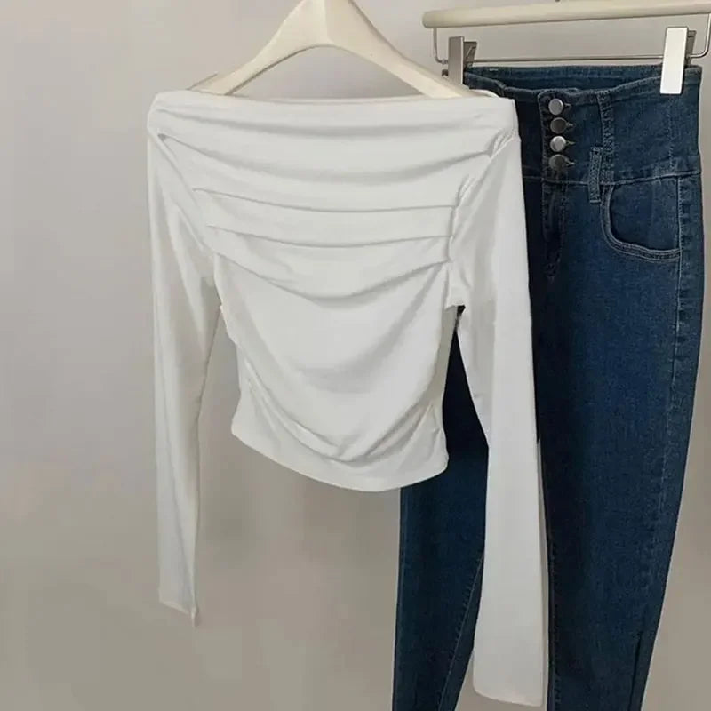 JOEVILU Pleated Off Shoulder Crop Tops Women's Slim Fit Long Sleeve T-shirt Korean Fashion Niche Base Shirt Aesthetic Clothes.