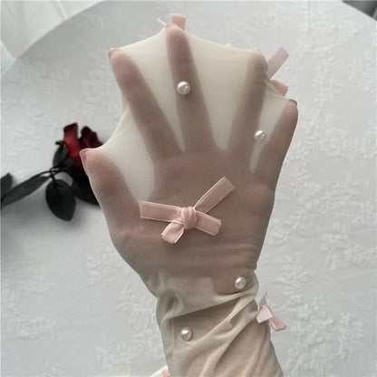 Sweet Pure Desire Butterfly Knot Stockings Pearl Pantyhose Women's Ultra Thin Any Cut Anti Snag Long Tube Socks.