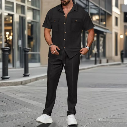Men's Summer New Pure Color Button Pocket Shirt Short Sleeve Long Pants Two-Piece Set Independent Station Cross-Border.