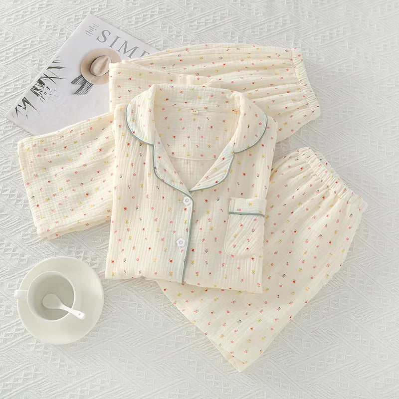 Pajamas pure cotton three-piece set spring and summer thin crepe autumn gauze lapel short-sleeved trousers shorts loungewear set.