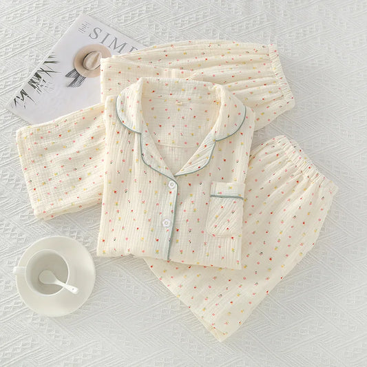 Pajamas pure cotton three-piece set spring and summer thin crepe autumn gauze lapel short-sleeved trousers shorts loungewear set.