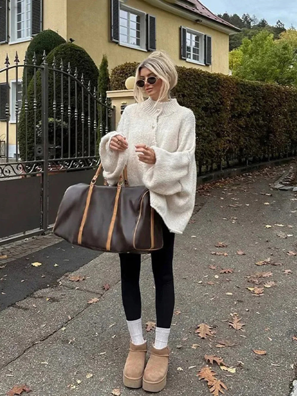 TRAF Women's Bat Sleeve Cardigan Sweater Temperament Lapel Metal Button Decoration Fashion Jacket Casual Commuter Women's Tops.