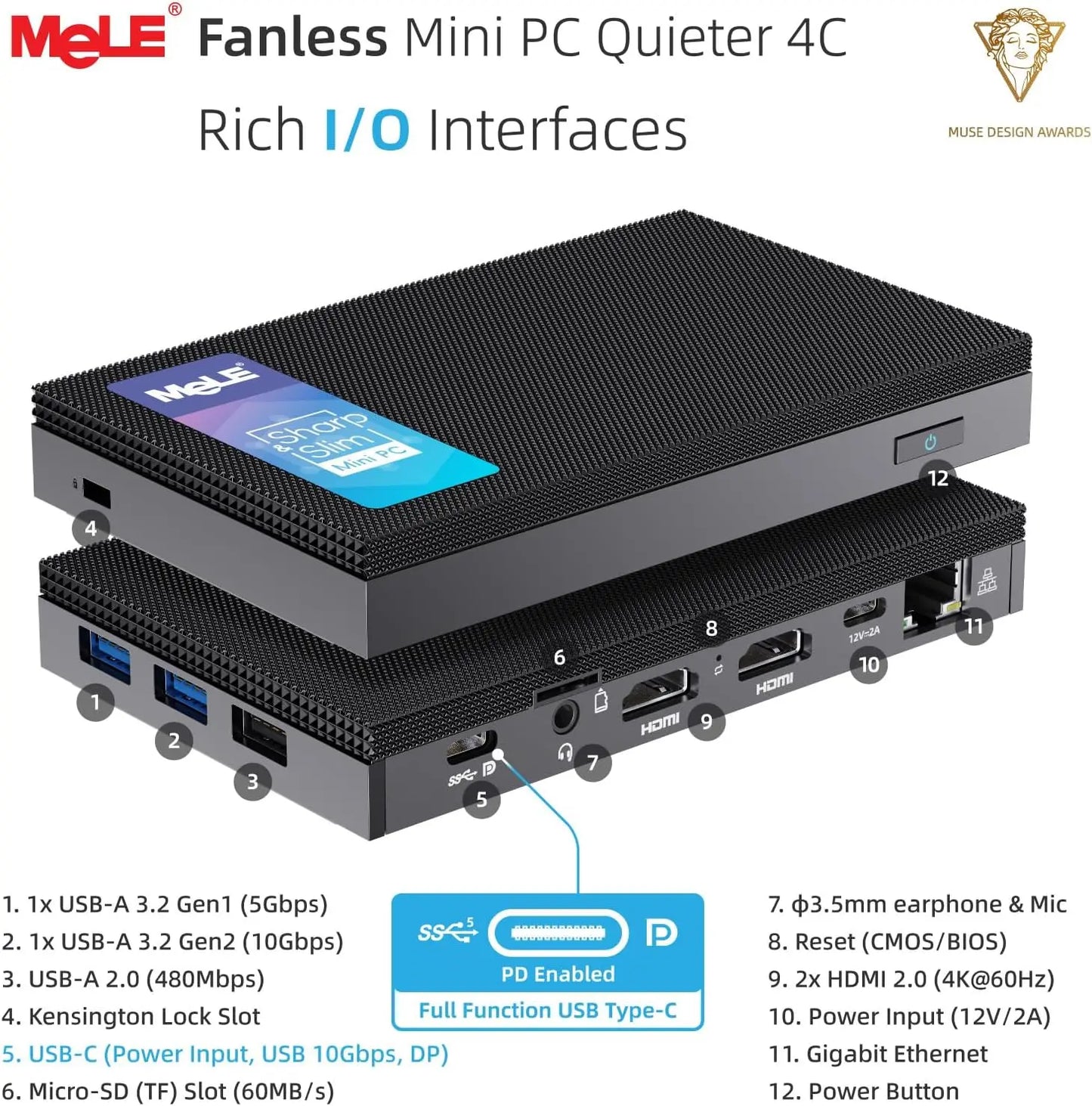 MeLE Quieter4C N150 Fanless Mini PC 32GB LPDDR5 512GB Micro Desktop Computer,4K,Dual HDMI,All-in-One USB-C WiFi 5 BT5.1 Ethernet.