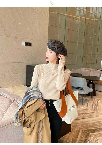 Langarm Beiläufige Dünne Pullover Mode Taste Grundlegende Gestrickte Tops Frauen Rollkragenpullover Koreanische Mode Einfache Chic Kleidung