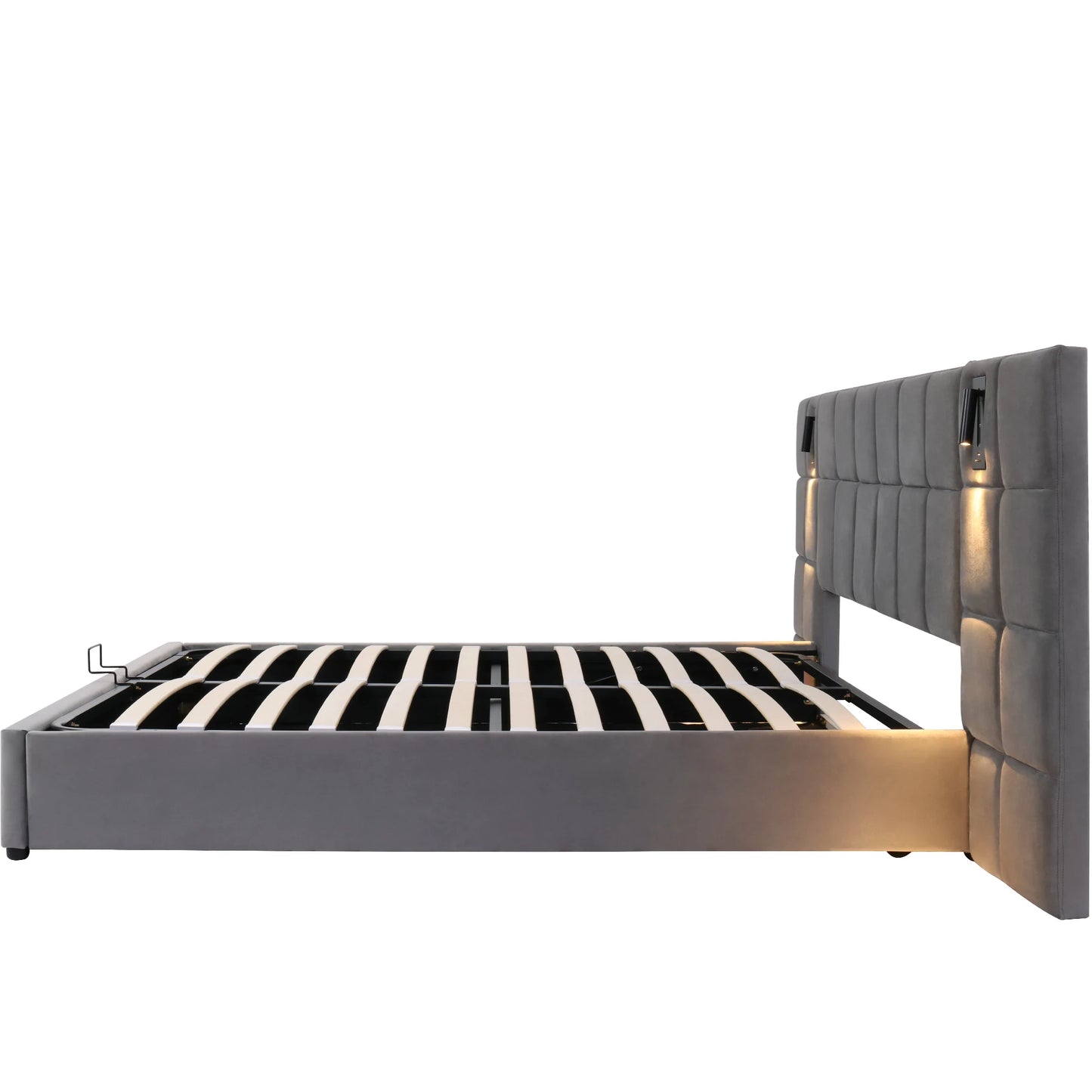 Polsterbett, hydraulisches Bett mit Stauraum, verstellbarem Licht und USB-Aufladung, breites Schaumstoffkopfteil, 180 x 200 cm, Grau