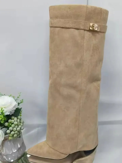 2025 Autumn And Winter Women's Pointed Toe Crude Heel Knee High Boots Female Metal Decor Pants Boots High Quality Woman Shoes.