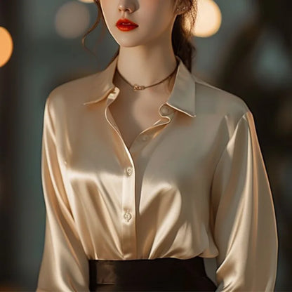 2025 Summer Women's Satin Shirts Elegant Plain Long Sleeve Blouse Office Lady Button-Up Shirt Top Female Shirts Blouse Autumn.